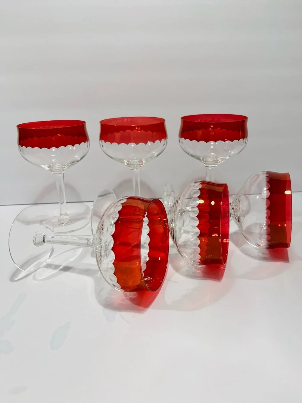 Vtg MCM Czech Thin Crystal  Cranberry & Cut Dots Set of 6 Coupe or Wine Glasses